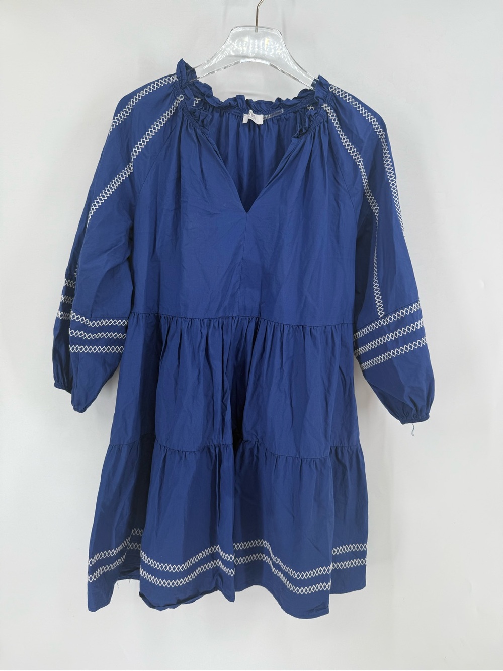 Avara blue tiered mini dress with white details size medium